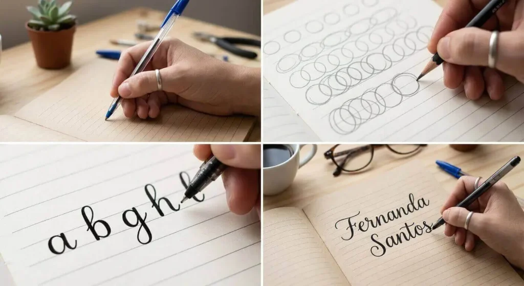 Colagem de quatro passos sobre como melhorar caligrafia: mão segurando caneta com a postura correta, treino de círculos com lápis, prática de proporção de letras minúsculas e o resultado de um nome escrito com letra cursiva bonita.