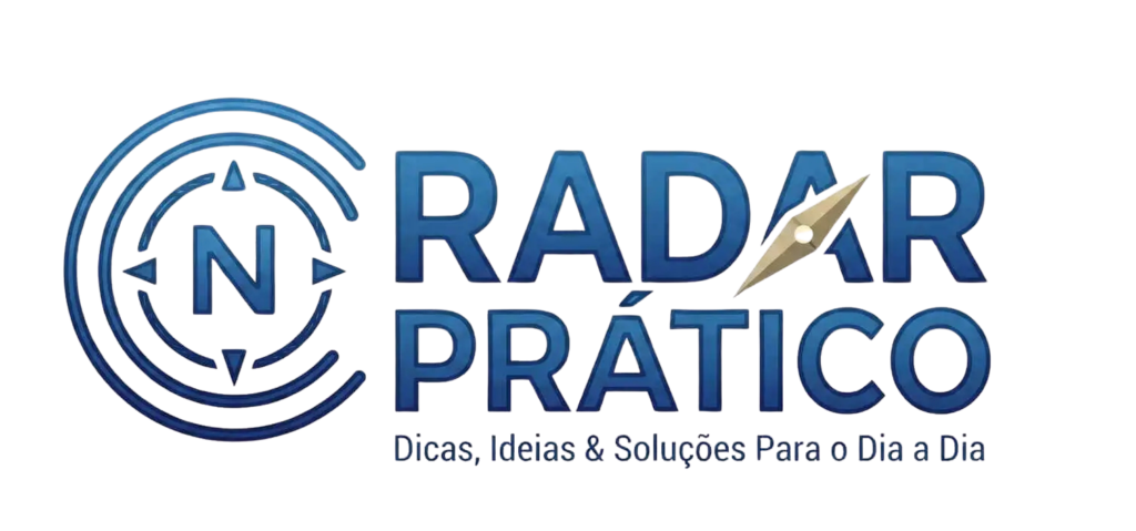 Logotipo oficial do RadarPrático com o símbolo de bússola e o slogan Dicas, Ideias e Soluções para o Dia a Dia.