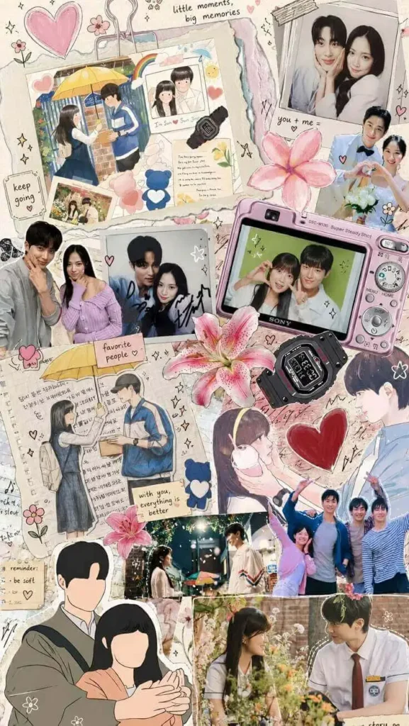 Colagem estilo aesthetic com fotos e ilustrações de casais de doramas coreanos populares, câmera rosa, corações e flores em tons pastéis.