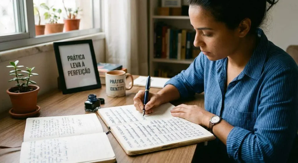 Mulher escrevendo concentrada em um caderno com caneta tinteiro, ilustrando a prática aplicada e a evolução da caligrafia pessoal