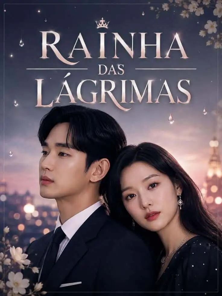Pôster oficial do dorama Rainha das Lágrimas na Netflix, mostrando o casal protagonista em um cenário noturno elegante e com gotas brilhantes ao fundo.