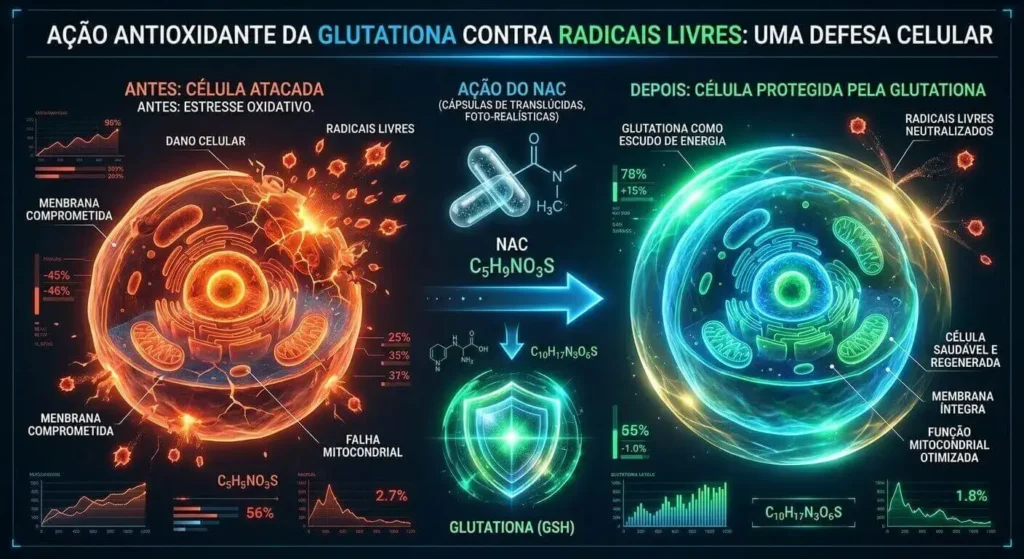 Infográfico detalhando o aumento da glutationa e os benefícios da n acetilcisteína no corpo - Blog RadarPratico