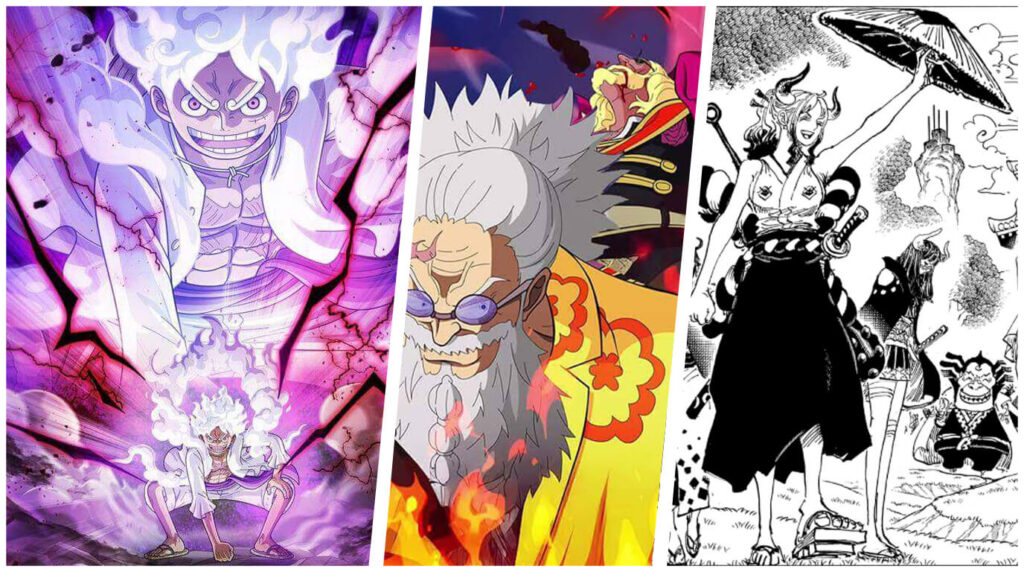 Montagem de One Piece em Elbaf mostrando Luffy Gear 5 e Scooper Gaban utilizando um novo tipo de Haki para anular a imortalidade dos Gorosei e Cavaleiros Sagrados.