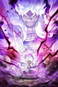 Luffy em sua transformação Gear 5 emanando aura roxa e raios de Haki durante a batalha de One Piece.