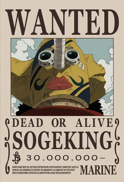 Cartaz de procurado de Sogeking com a recompensa de 30 milhões de Berries em One Piece.