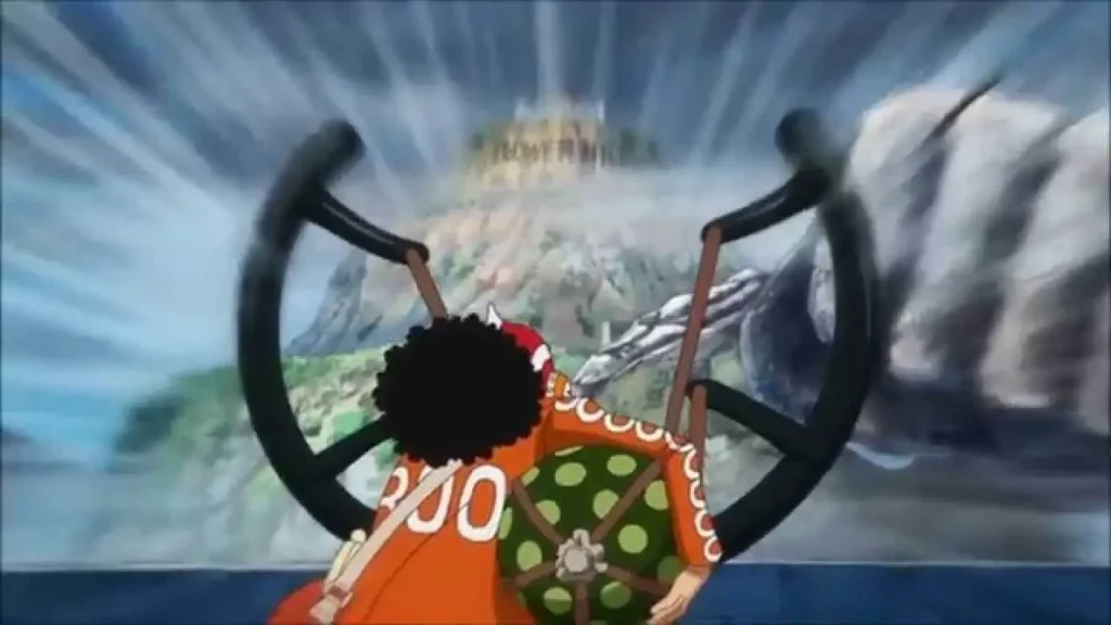 Usopp disparando com seu estilingue gigante Kabuto em Dressrosa enquanto desperta o Haki da Observação.