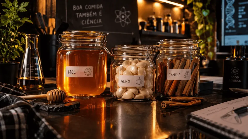 Ingredientes naturais como mel e alho usados como remédio caseiro para dor de garganta - Blog RadarPratico