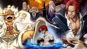 Colagem com Luffy em Gear 5, Shanks o Ruivo, Imu-sama ao fundo com os Gorosei e o sacrifício de Shanks salvando Luffy no mar em One Piece. Blog RadarPratico