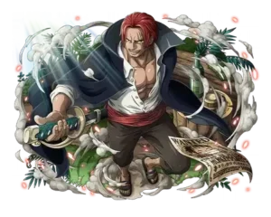 Ilustração de Shanks o Ruivo empunhando sua sabre com capa preta, com o cartaz de recompensa de Monkey D. Luffy ao seu lado em One Piece. Blog RadarPratico