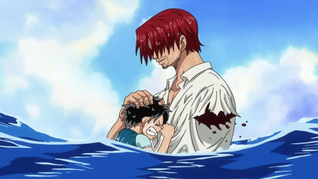 Shanks Ruivo salvando o pequeno Luffy no mar enquanto o monstro Lorde da Costa morde seu braço esquerdo no primeiro capítulo de One Piece. Blog RadarPratico