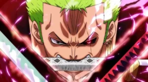 Ilustração épica do momento em que zoro abre o olho liberando sua aura haki em Elbaf.